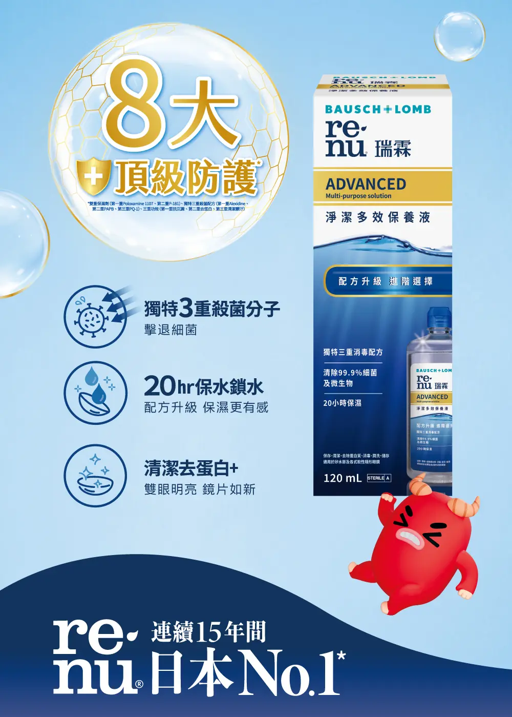 8大頂級防護:獨特3重殺菌分子 層層把關、20hr保水鎖水 配方升級 長效滋潤感、清潔去蛋白+ 徹底除垢 鏡片如新